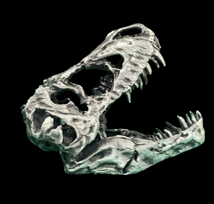 T-Rex Skull hand-poured .999 fine silver statue by Tormint, front view