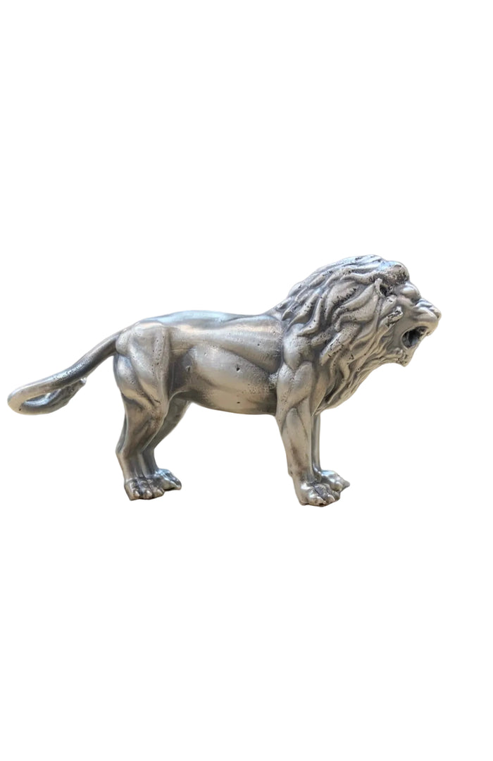 Lion hand-poured .999 fine silver statue by Tormint, front view showing mane detail