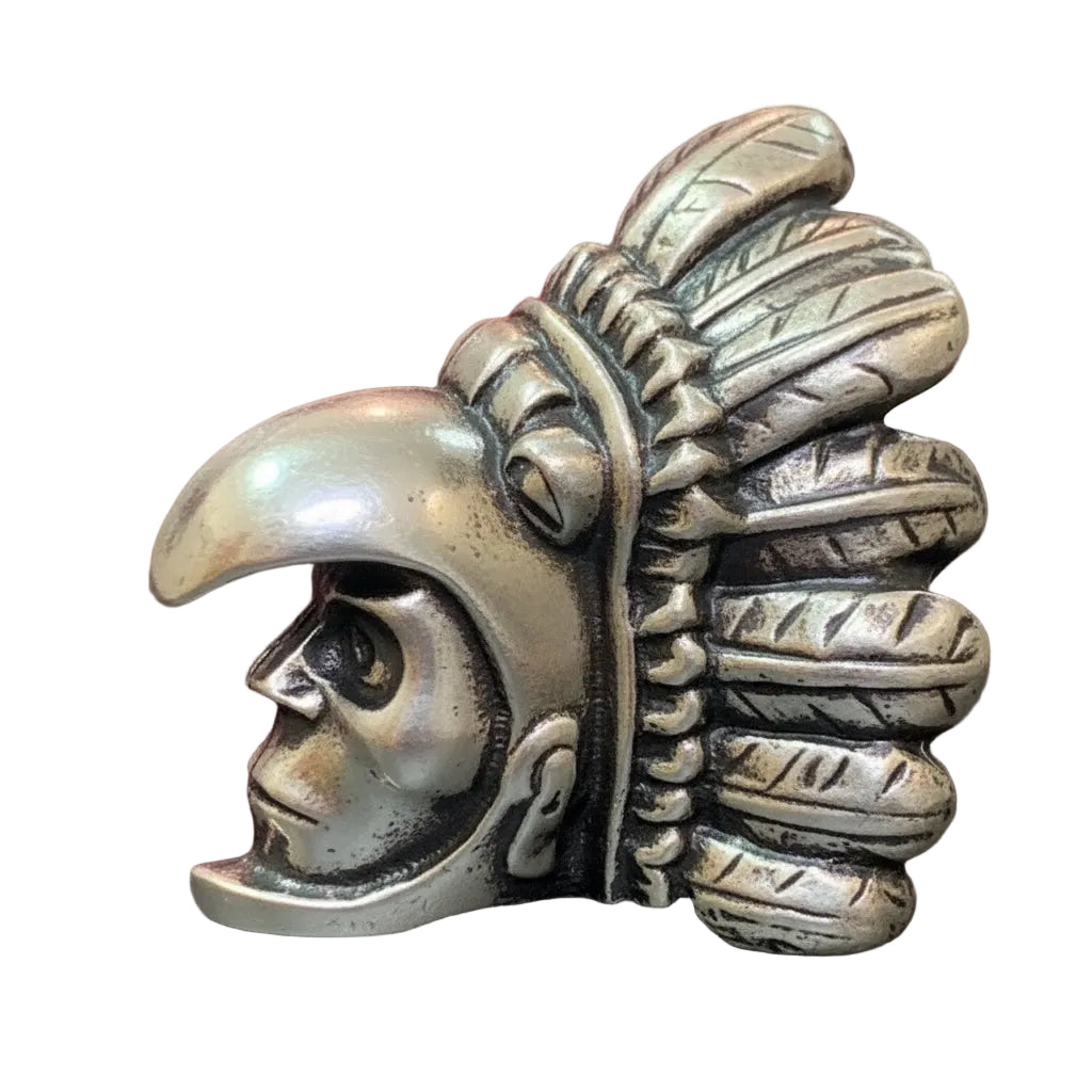 Aztec Skull hand-poured .999 fine silver statue by Tormint, front view showing headdress detail