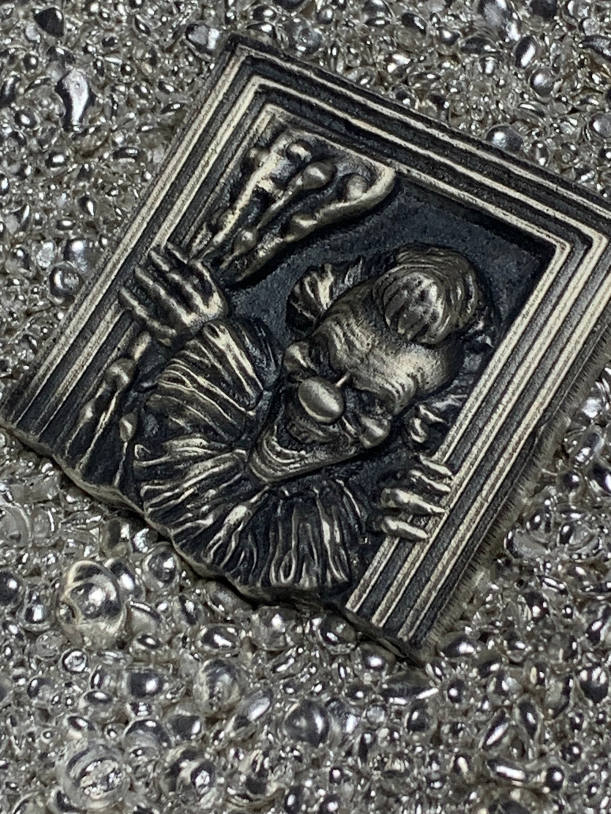Creepy Clown hand-poured .999 fine silver statue by Tormint, front view