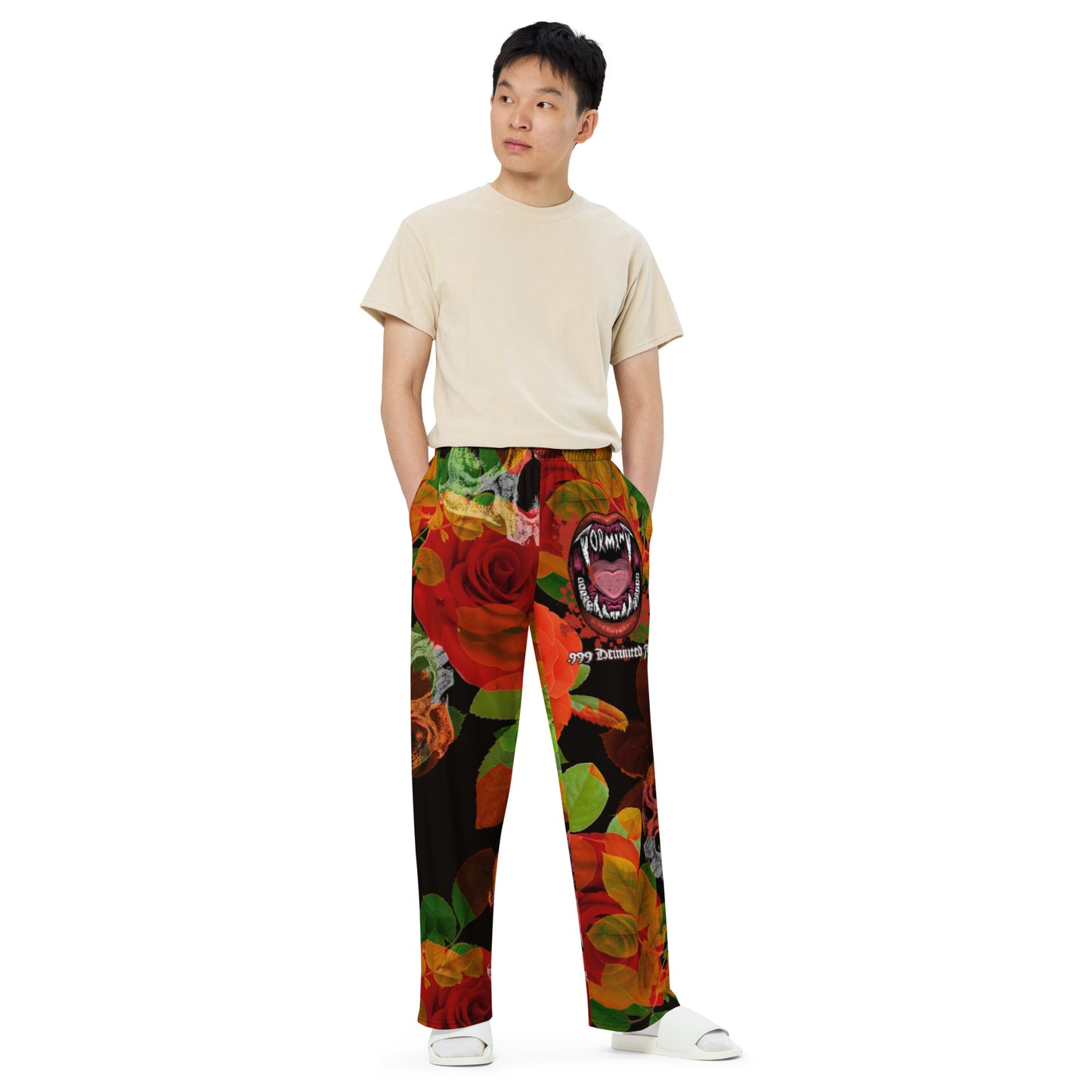 Tormint Vampire Logo w/Skull and Rose Print unisex wide-leg pants